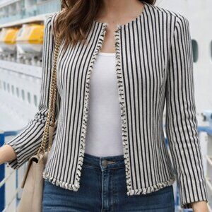 Hugo Boss Komina Black & White Striped Cropped Jacket Frayed Hem Jacket